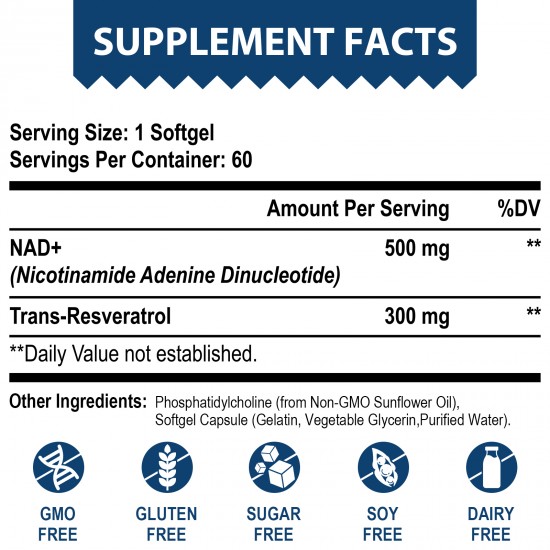 Liposomal NAD+ 500 mg + Trans-Resveratrol 300 mg, 120 Softgels